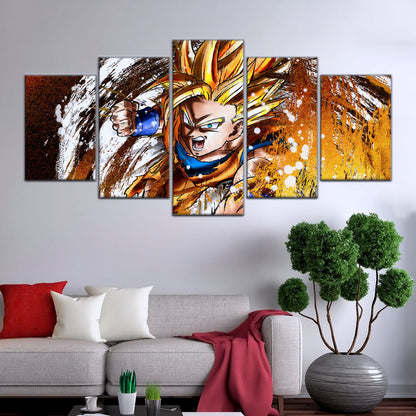 Dragon Ball Z Goku Super Saiyan Canvas Wall Art - 5 Piece Split Panel Anime Poster - Framed Ready to Hang Living Room Man Cave Decor - DR5039
