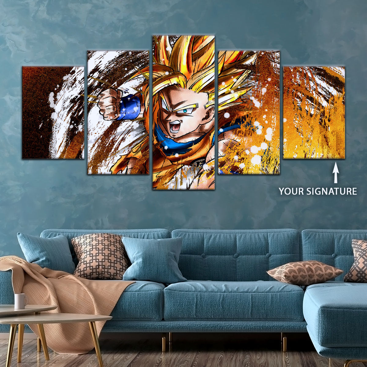 Dragon Ball Z Goku Super Saiyan Canvas Wall Art - 5 Piece Split Panel Anime Poster - Framed Ready to Hang Living Room Man Cave Decor - DR5039