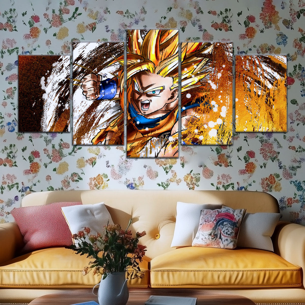 Dragon Ball Z Goku Super Saiyan Canvas Wall Art - 5 Piece Split Panel Anime Poster - Framed Ready to Hang Living Room Man Cave Decor - DR5039