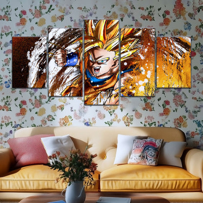 Dragon Ball Z Goku Super Saiyan Canvas Wall Art - 5 Piece Split Panel Anime Poster - Framed Ready to Hang Living Room Man Cave Decor - DR5039