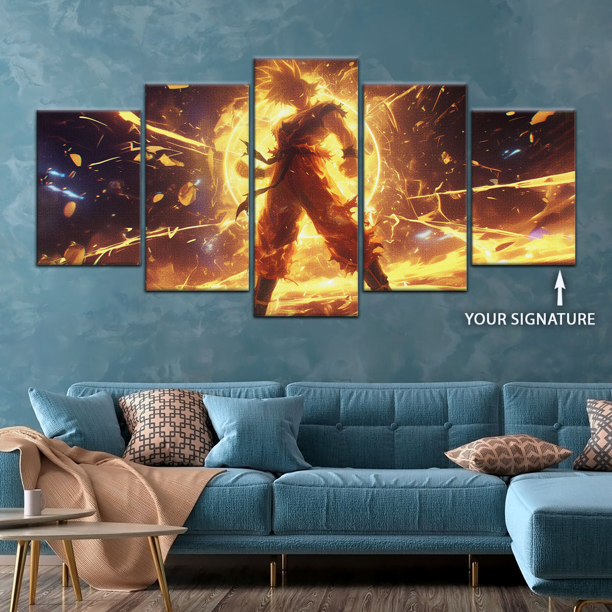 Dragon Ball Z Goku Super Saiyan Canvas Wall Art - 5 Piece Split Panel Anime Poster - Framed Ready to Hang Living Room Man Cave Decor - DR5042