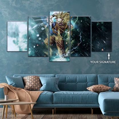 Dragon Ball Z Goku Super Saiyan Canvas Wall Art - 5 Piece Split Panel Anime Poster - Framed Ready to Hang Living Room Man Cave Decor - DR5044