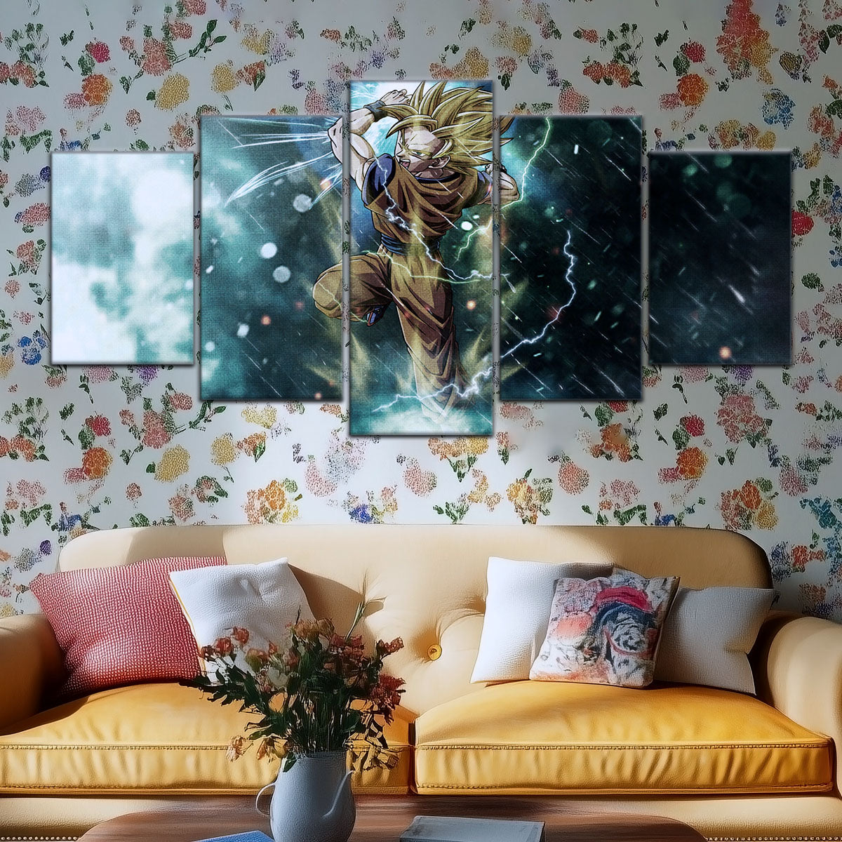 Dragon Ball Z Goku Super Saiyan Canvas Wall Art - 5 Piece Split Panel Anime Poster - Framed Ready to Hang Living Room Man Cave Decor - DR5044