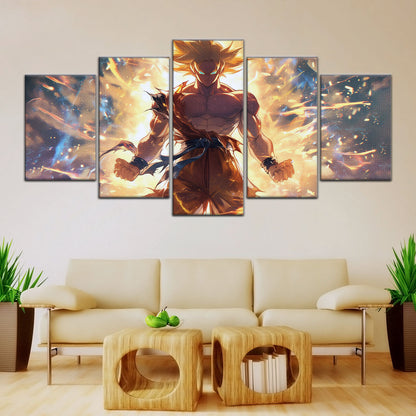 Dragon Ball Z Goku Super Saiyan Canvas Wall Art - 5 Piece Split Panel Anime Poster - Framed Ready to Hang Living Room Man Cave Decor - DR5082