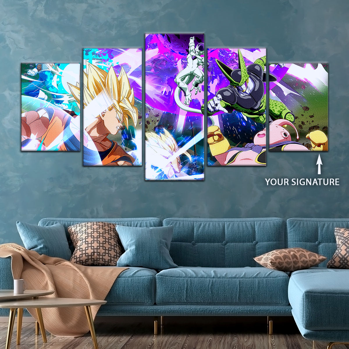 Dragon Ball Z Goku Vegeta vs Frieza Cell Majin Buu Canvas Wall Art - 5 Piece Split Panel Anime Poster - Ready to Hang Living Room Man Cave Decor - DR5059