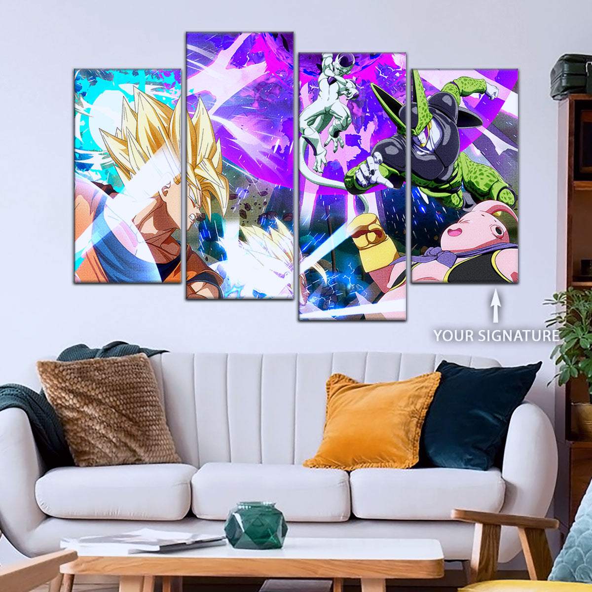 Dragon Ball Z Goku Vegeta vs Frieza Cell Majin Buu Canvas Wall Art - 5 Piece Split Panel Anime Poster - Ready to Hang Living Room Man Cave Decor - DR5059
