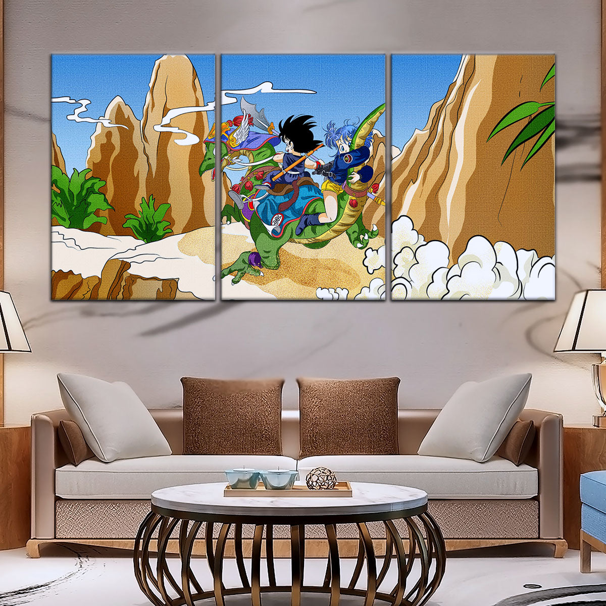 Dragon Ball Z Goku & Bulma Riding Dragon Canvas Wall Art - 5 Piece Split Panel Anime Poster - Framed Ready to Hang Living Room Man Cave Decor - DR5067