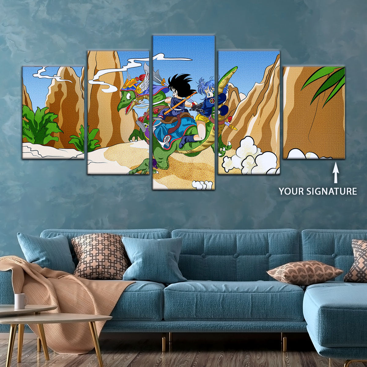 Dragon Ball Z Goku & Bulma Riding Dragon Canvas Wall Art - 5 Piece Split Panel Anime Poster - Framed Ready to Hang Living Room Man Cave Decor - DR5067