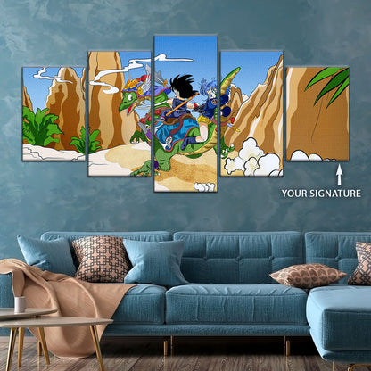 Dragon Ball Z Goku & Bulma Riding Dragon Canvas Wall Art - 5 Piece Split Panel Anime Poster - Framed Ready to Hang Living Room Man Cave Decor - DR5067