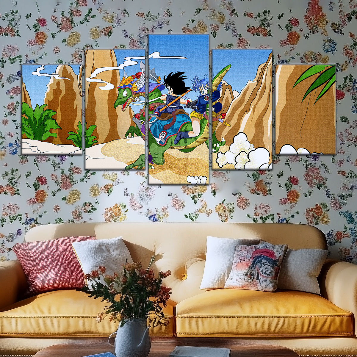 Dragon Ball Z Goku & Bulma Riding Dragon Canvas Wall Art - 5 Piece Split Panel Anime Poster - Framed Ready to Hang Living Room Man Cave Decor - DR5067