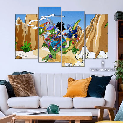 Dragon Ball Z Goku & Bulma Riding Dragon Canvas Wall Art - 5 Piece Split Panel Anime Poster - Framed Ready to Hang Living Room Man Cave Decor - DR5067