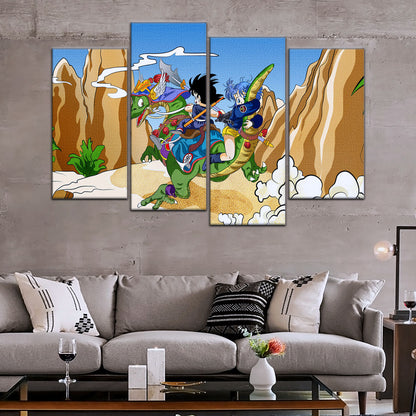 Dragon Ball Z Goku & Bulma Riding Dragon Canvas Wall Art - 5 Piece Split Panel Anime Poster - Framed Ready to Hang Living Room Man Cave Decor - DR5067