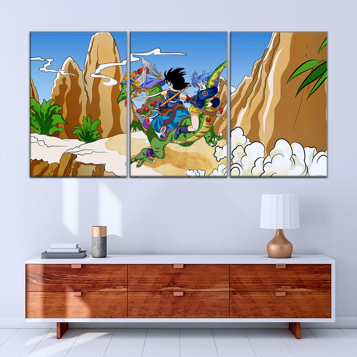 Dragon Ball Z Goku & Bulma Riding Dragon Canvas Wall Art - 5 Piece Split Panel Anime Poster - Framed Ready to Hang Living Room Man Cave Decor - DR5067