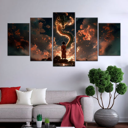 Dragon Ball Z Goku and Shenron Canvas Wall Art - 5 Piece Split Panel Anime Poster - Framed Ready to Hang Living Room Man Cave Decor - DR5069