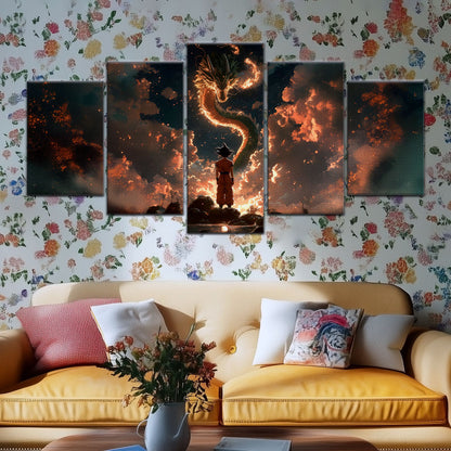 Dragon Ball Z Goku and Shenron Canvas Wall Art - 5 Piece Split Panel Anime Poster - Framed Ready to Hang Living Room Man Cave Decor - DR5069