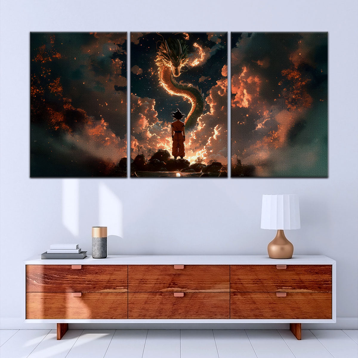 Dragon Ball Z Goku and Shenron Canvas Wall Art - 5 Piece Split Panel Anime Poster - Framed Ready to Hang Living Room Man Cave Decor - DR5069