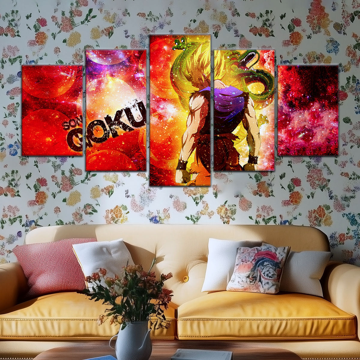 Dragon Ball Z Goku and Shenron Canvas Wall Art - 5 Piece Split Panel Anime Poster - Framed Ready to Hang Living Room Man Cave Decor - DR5070