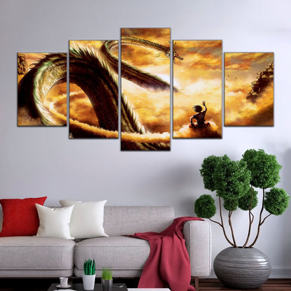 Dragon Ball Z Goku and Shenron Canvas Wall Art - 5 Piece Split Panel Anime Poster - Framed Ready to Hang Living Room Man Cave Decor - DR5104