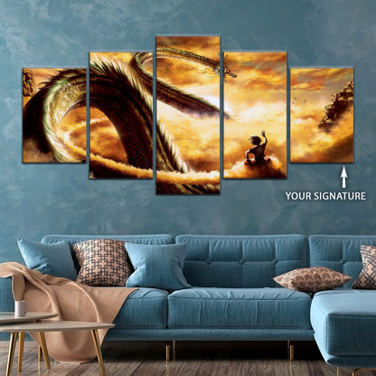 Dragon Ball Z Goku and Shenron Canvas Wall Art - 5 Piece Split Panel Anime Poster - Framed Ready to Hang Living Room Man Cave Decor - DR5104