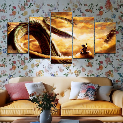 Dragon Ball Z Goku and Shenron Canvas Wall Art - 5 Piece Split Panel Anime Poster - Framed Ready to Hang Living Room Man Cave Decor - DR5104