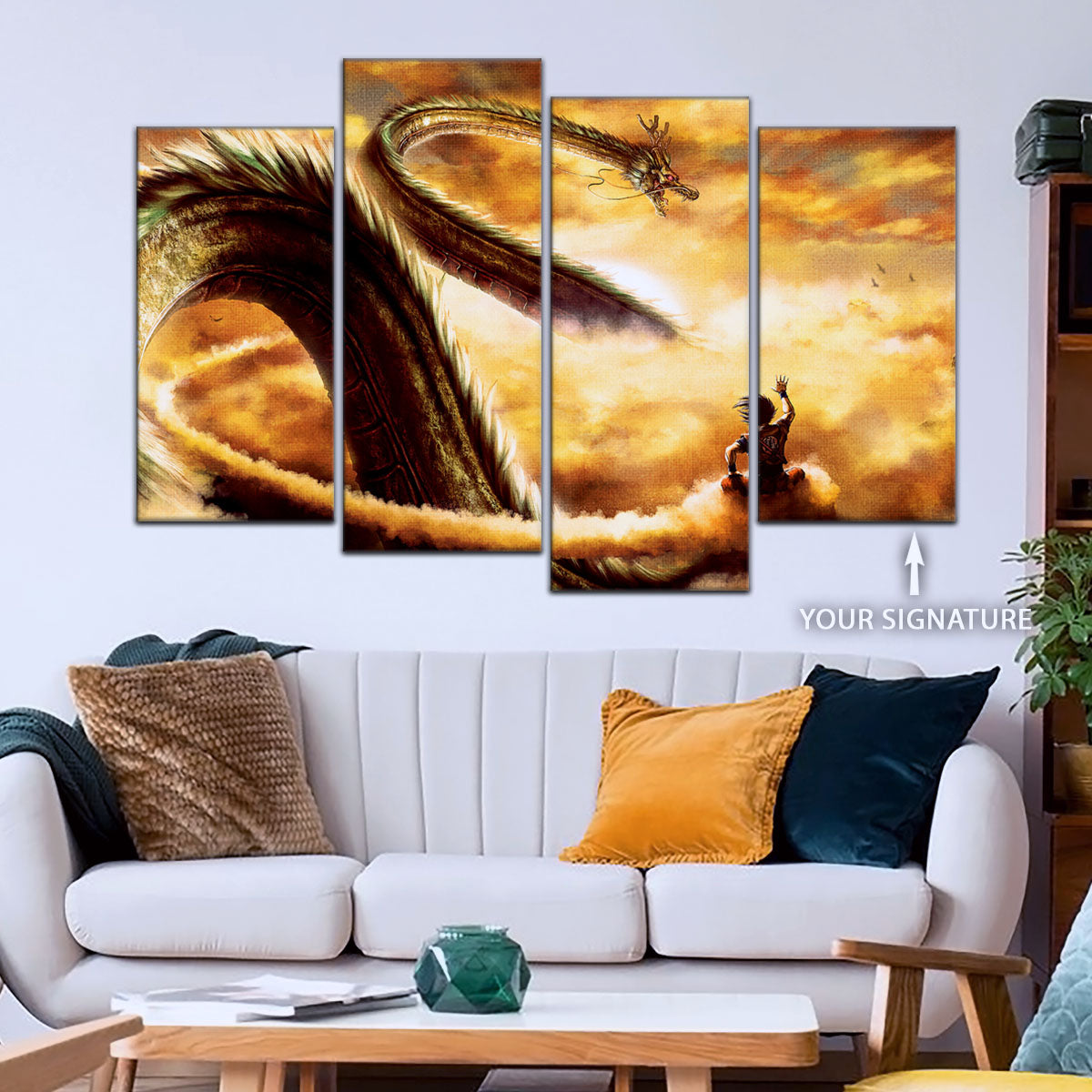 Dragon Ball Z Goku and Shenron Canvas Wall Art - 5 Piece Split Panel Anime Poster - Framed Ready to Hang Living Room Man Cave Decor - DR5104