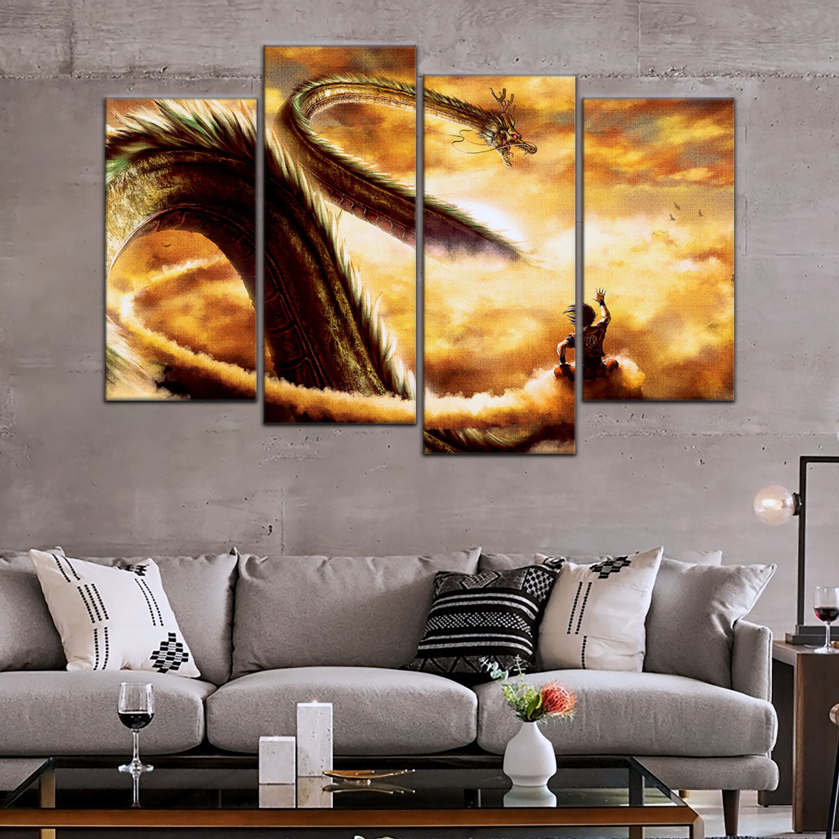 Dragon Ball Z Goku and Shenron Canvas Wall Art - 5 Piece Split Panel Anime Poster - Framed Ready to Hang Living Room Man Cave Decor - DR5104