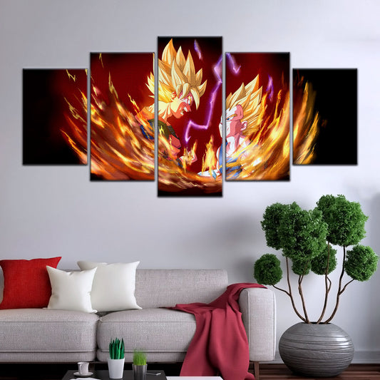 Dragon Ball Z Goku and Vegeta Canvas Wall Art - 5 Piece Split Panel DBZ Anime Poster - Framed Ready to Hang Living Room Man Cave Decor - DR5062