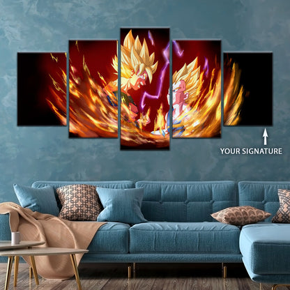 Dragon Ball Z Goku and Vegeta Canvas Wall Art - 5 Piece Split Panel DBZ Anime Poster - Framed Ready to Hang Living Room Man Cave Decor - DR5062
