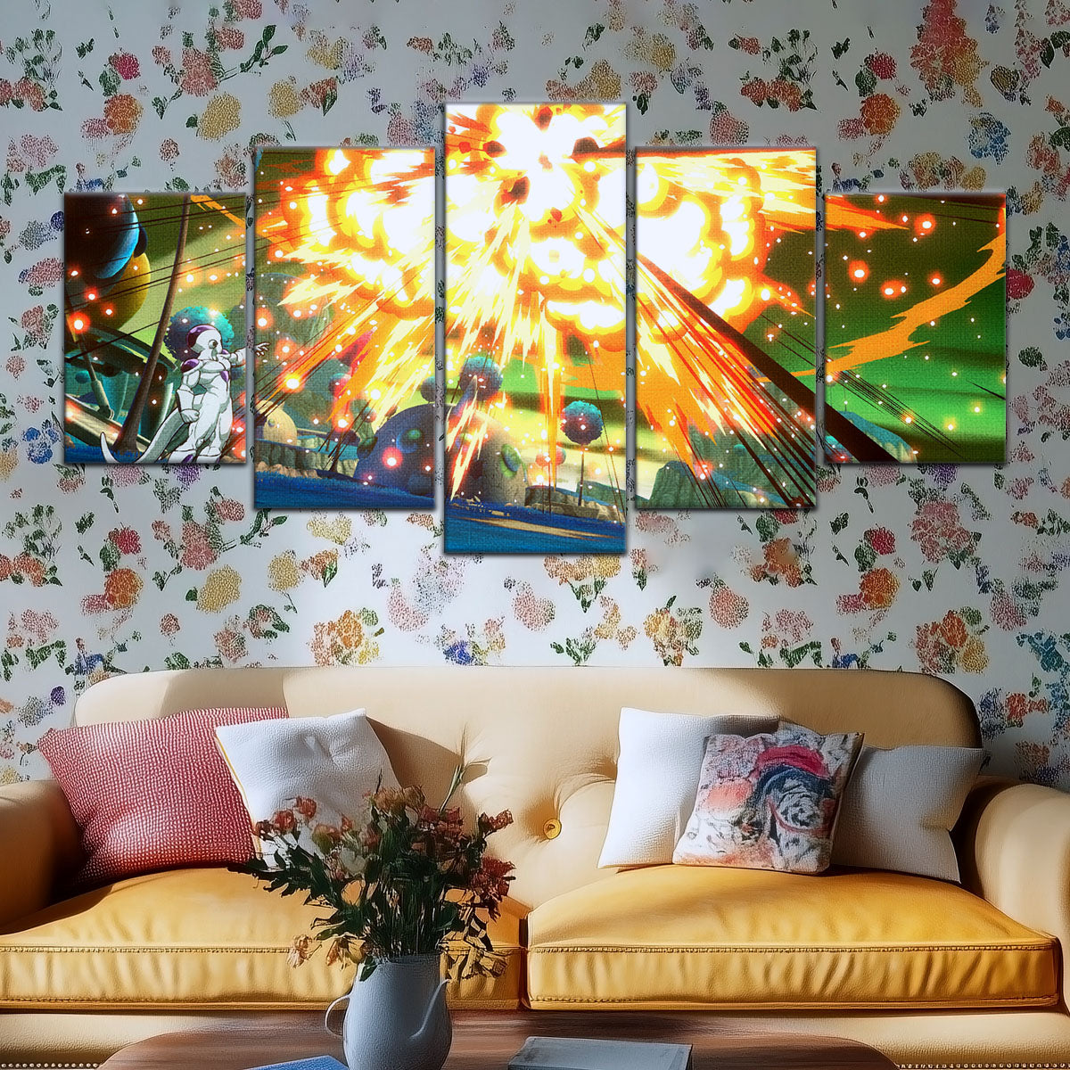Dragon Ball Z Goku vs Frieza Namek Saga Canvas Wall Art - 5 Piece Split Panel Anime Poster - Framed Ready to Hang Living Room Man Cave Decor - DR5079