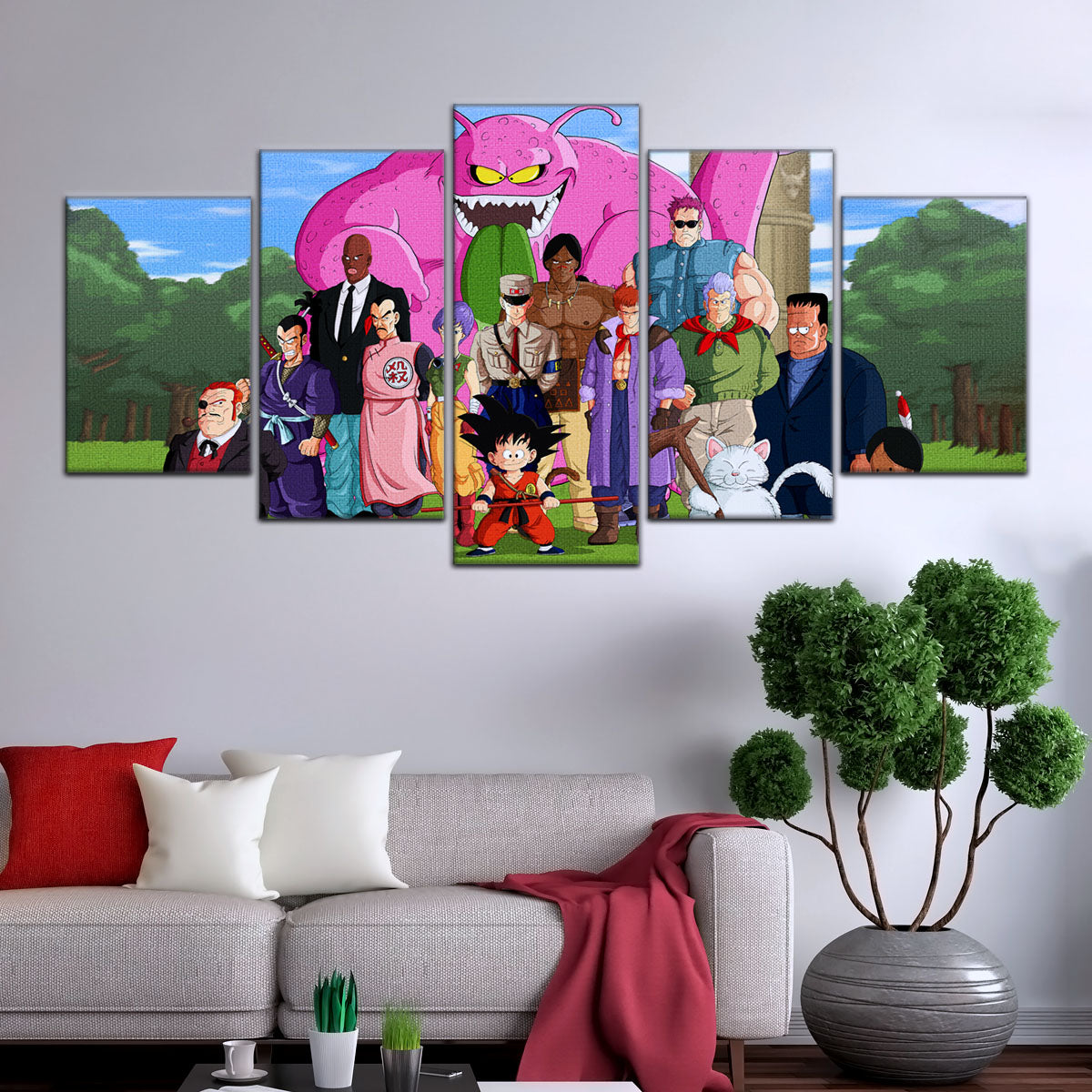 Dragon Ball Z Goku vs Red Ribbon Army Canvas Wall Art - 5 Piece Split Panel Anime Poster - Framed Ready to Hang Living Room Man Cave Decor - DR5068