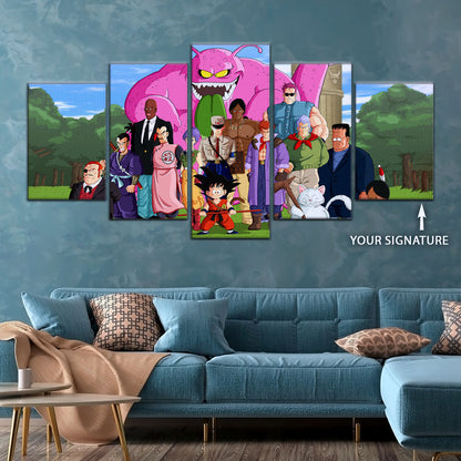 Dragon Ball Z Goku vs Red Ribbon Army Canvas Wall Art - 5 Piece Split Panel Anime Poster - Framed Ready to Hang Living Room Man Cave Decor - DR5068