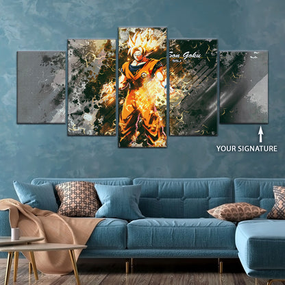Dragon Ball Z Super Saiyan Goku Canvas Wall Art - 5 Piece Split Panel Anime Poster - Framed Ready to Hang Living Room Man Cave Decor - DR5037