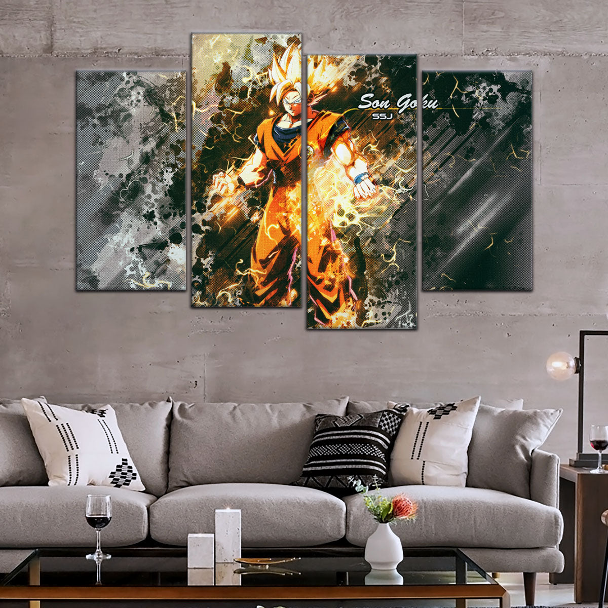 Dragon Ball Z Super Saiyan Goku Canvas Wall Art - 5 Piece Split Panel Anime Poster - Framed Ready to Hang Living Room Man Cave Decor - DR5037