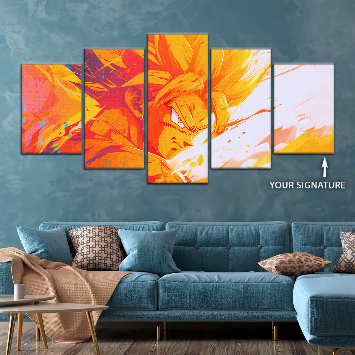 Dragon Ball Z Super Saiyan Goku Canvas Wall Art - 5 Piece Split Panel Anime Poster - Framed Ready to Hang Living Room Man Cave Decor - DR5040
