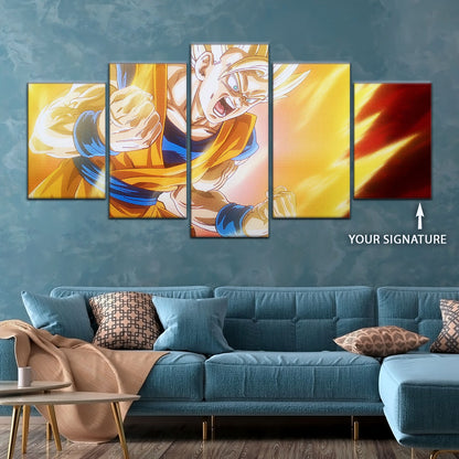 Dragon Ball Z Super Saiyan Goku Canvas Wall Art - 5 Piece Split Panel Anime Poster - Framed Ready to Hang Living Room Man Cave Decor - DR5043