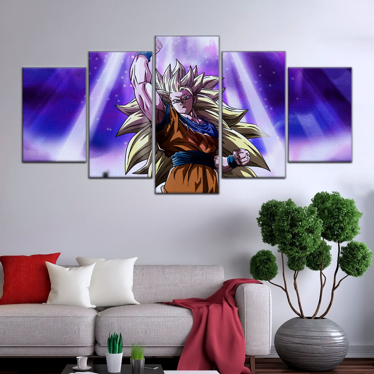 Dragon Ball Z Super Saiyan Goku Canvas Wall Art - 5 Piece Split Panel Anime Poster - Framed Ready to Hang Living Room Man Cave Decor - DR5045