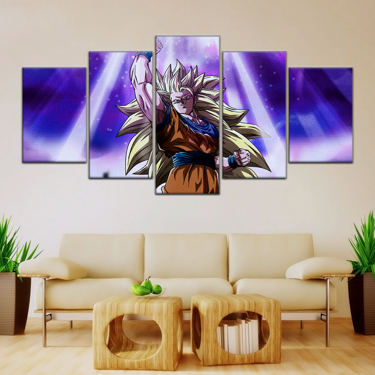 Dragon Ball Z Super Saiyan Goku Canvas Wall Art - 5 Piece Split Panel Anime Poster - Framed Ready to Hang Living Room Man Cave Decor - DR5045