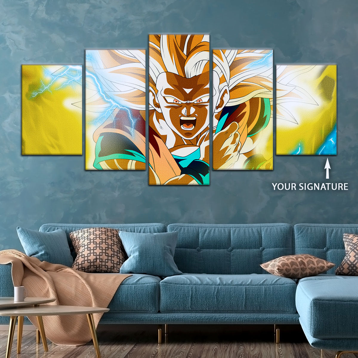 Dragon Ball Z Super Saiyan Goku Canvas Wall Art - 5 Piece Split Panel Anime Poster - Framed Ready to Hang Living Room Man Cave Decor - DR5046