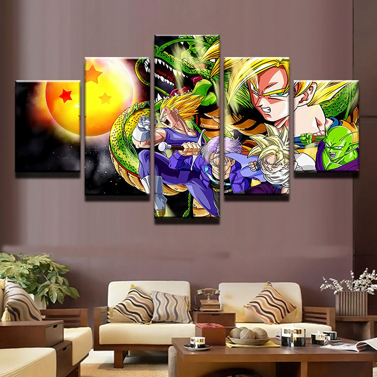 Dragon Ball Z Super Saiyan Goku Vegeta Gohan Shenron Canvas Wall Art - 5 Piece Split Panel Framed - Ready to Hang Living Room Man Cave Decor - DR5175