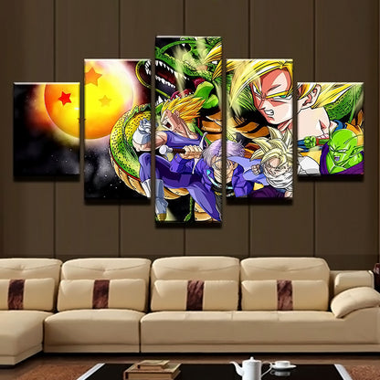 Dragon Ball Z Super Saiyan Goku Vegeta Gohan Shenron Canvas Wall Art - 5 Piece Split Panel Framed - Ready to Hang Living Room Man Cave Decor - DR5175