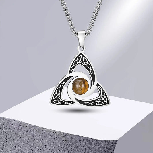 Viking - Ethnic Celtic Knot Necklaces for Men, Stainless Steel Tiger Eye Stone Charm Choker Collar