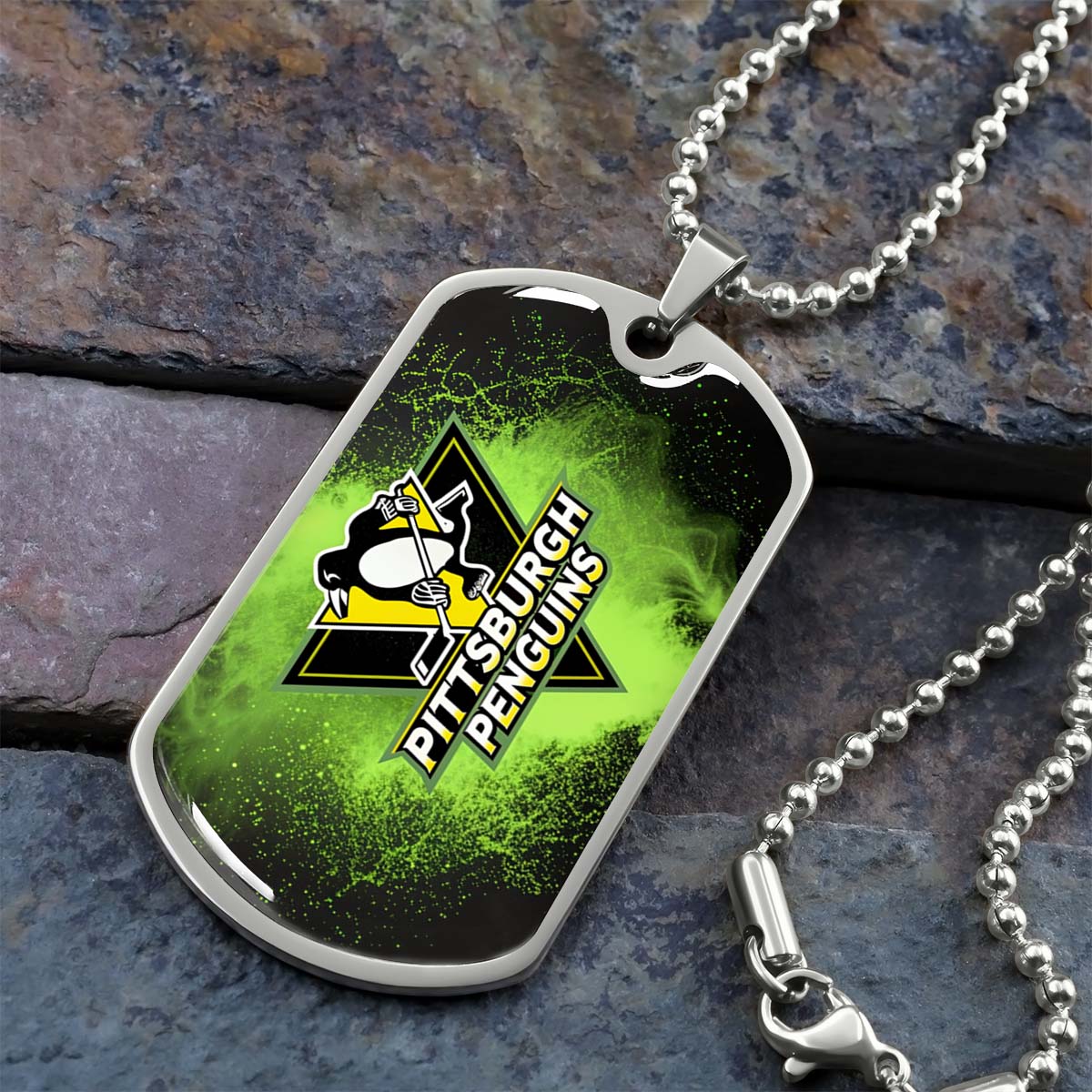 Ice Hockey - HKD011 - Pittsburgh Penguins - Neon Ice Emblem - Ice Hockey Dog Tag - Military Ball Chain - Luxury Dog Tag