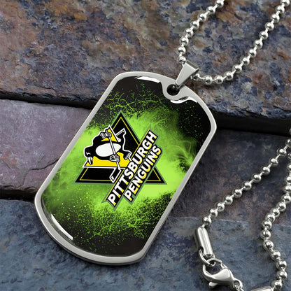 Ice Hockey - HKD011 - Pittsburgh Penguins - Neon Ice Emblem - Ice Hockey Dog Tag - Military Ball Chain - Luxury Dog Tag