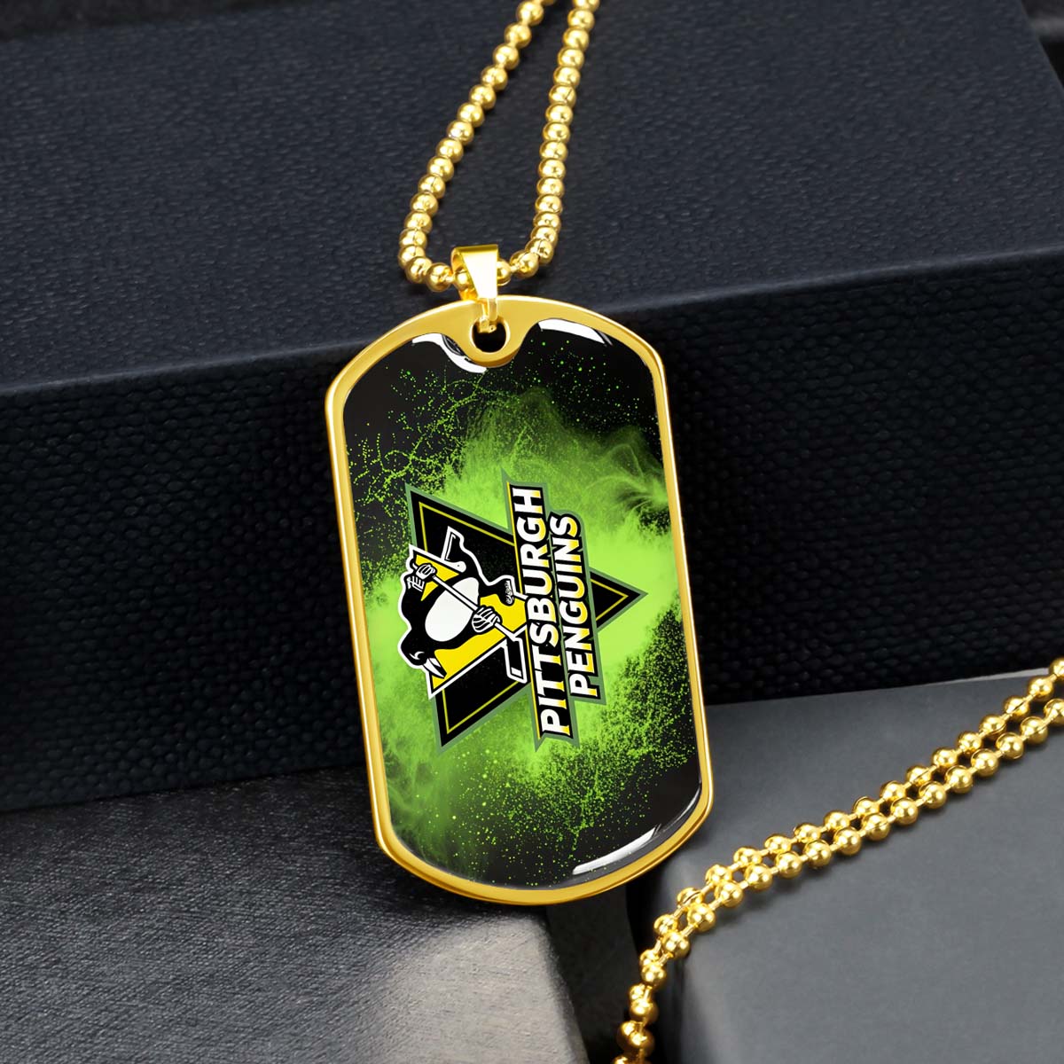 Ice Hockey - HKD011 - Pittsburgh Penguins - Neon Ice Emblem - Ice Hockey Dog Tag - Military Ball Chain - Luxury Dog Tag