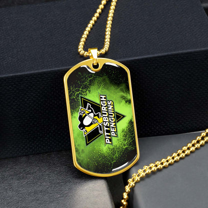 Ice Hockey - HKD011 - Pittsburgh Penguins - Neon Ice Emblem - Ice Hockey Dog Tag - Military Ball Chain - Luxury Dog Tag