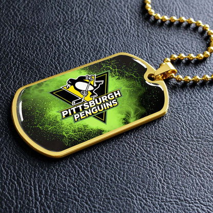 Ice Hockey - HKD011 - Pittsburgh Penguins - Neon Ice Emblem - Ice Hockey Dog Tag - Military Ball Chain - Luxury Dog Tag