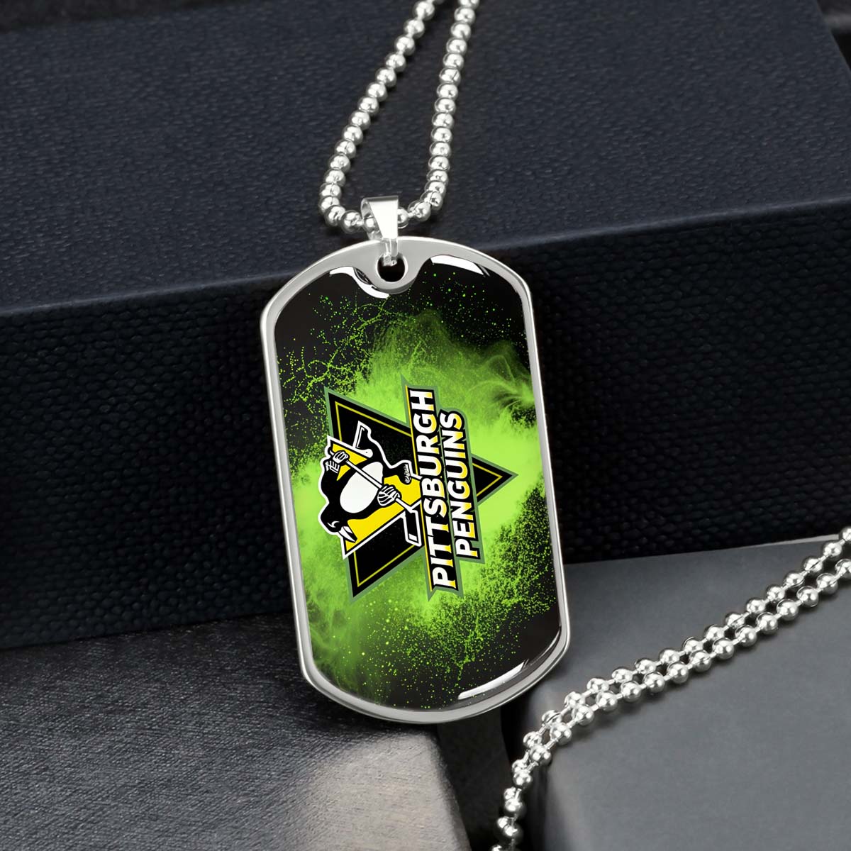 Ice Hockey - HKD011 - Pittsburgh Penguins - Neon Ice Emblem - Ice Hockey Dog Tag - Military Ball Chain - Luxury Dog Tag