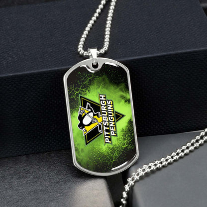 Ice Hockey - HKD011 - Pittsburgh Penguins - Neon Ice Emblem - Ice Hockey Dog Tag - Military Ball Chain - Luxury Dog Tag