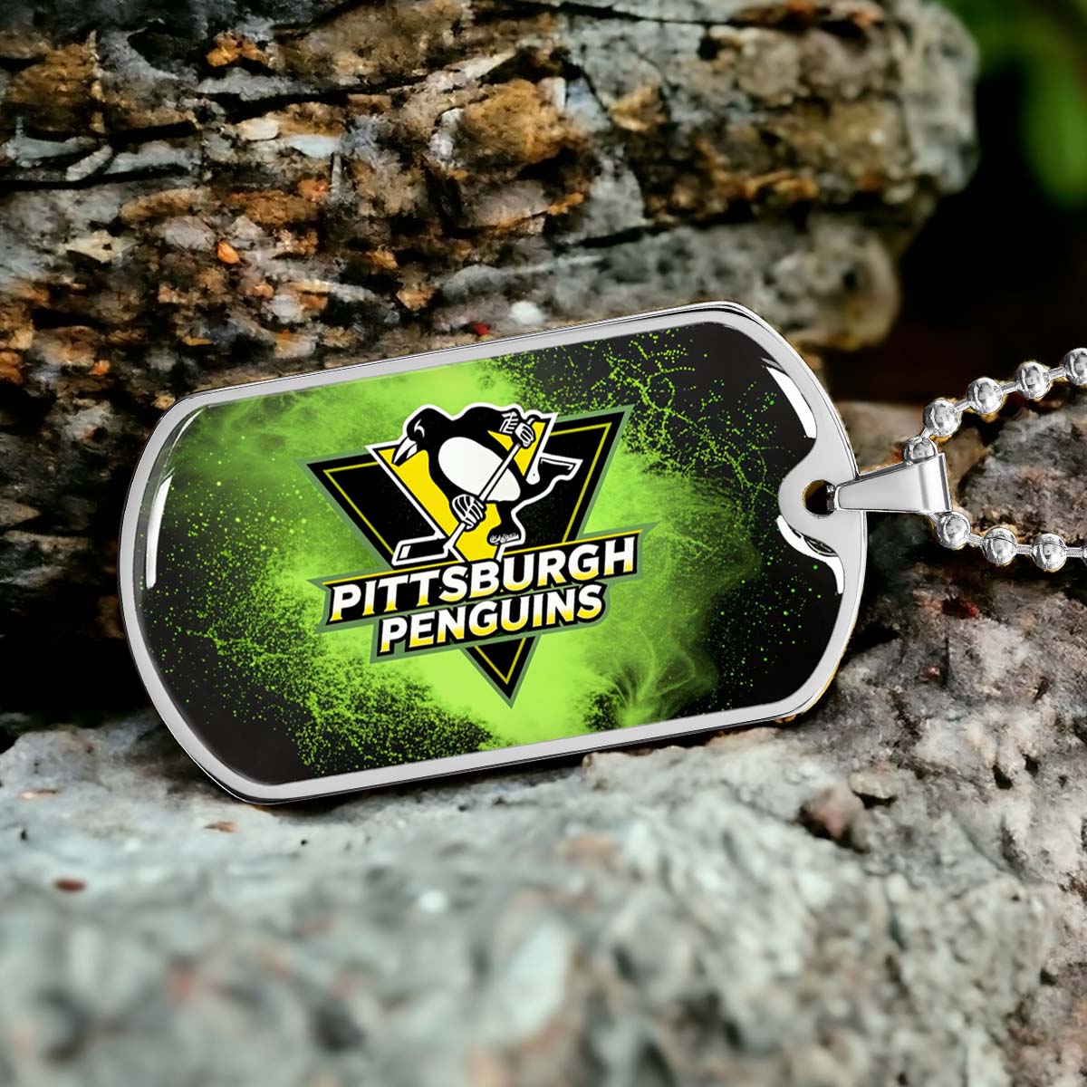 Ice Hockey - HKD011 - Pittsburgh Penguins - Neon Ice Emblem - Ice Hockey Dog Tag - Military Ball Chain - Luxury Dog Tag