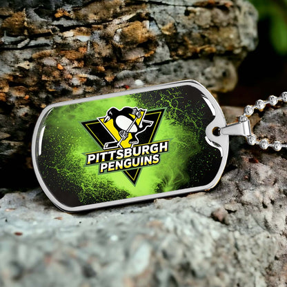 Ice Hockey - HKD011 - Pittsburgh Penguins - Neon Ice Emblem - Ice Hockey Dog Tag - Military Ball Chain - Luxury Dog Tag